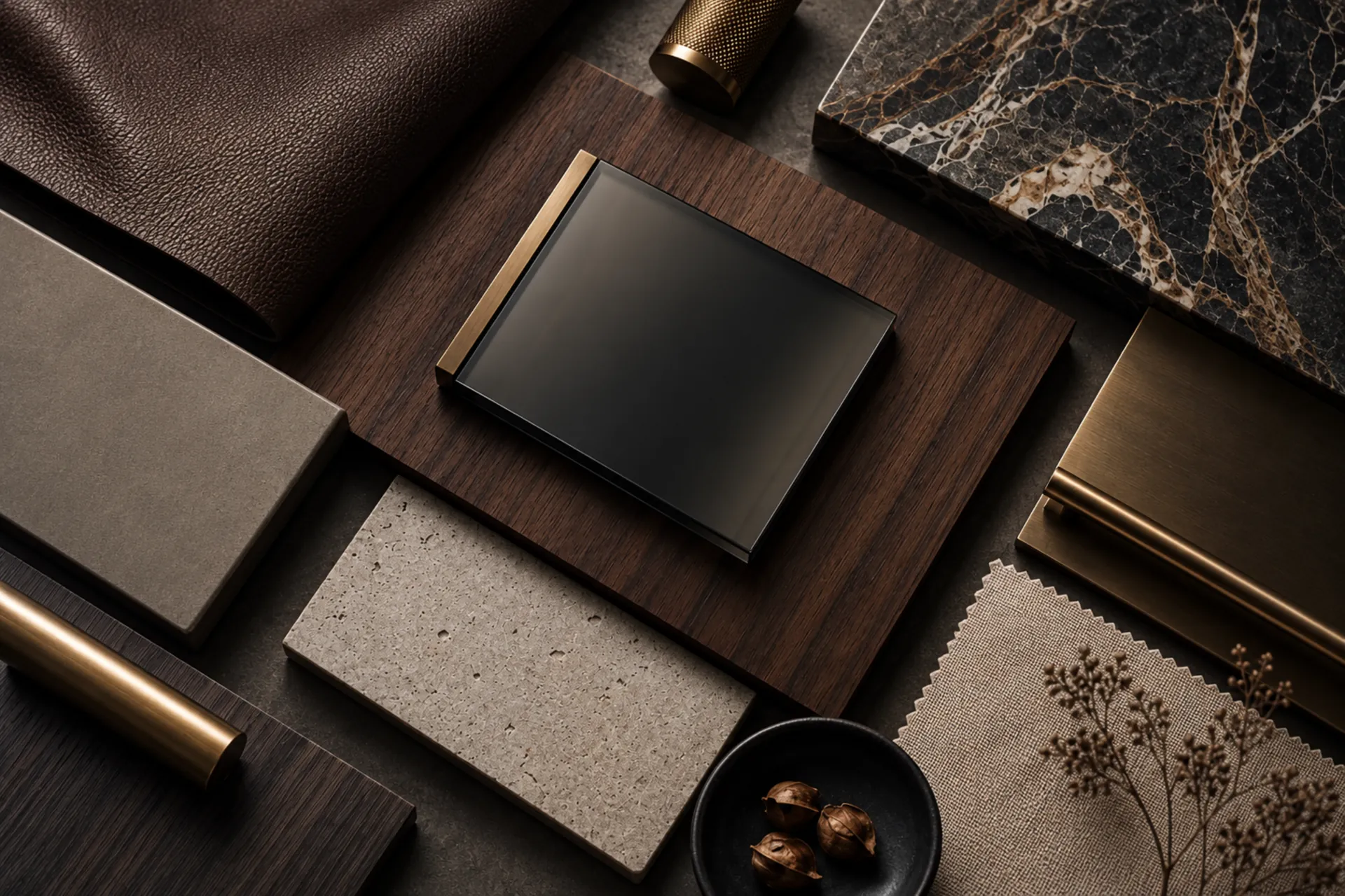 Curated interior design materiality flat-lay featuring walnut, brass, glass, and textiles