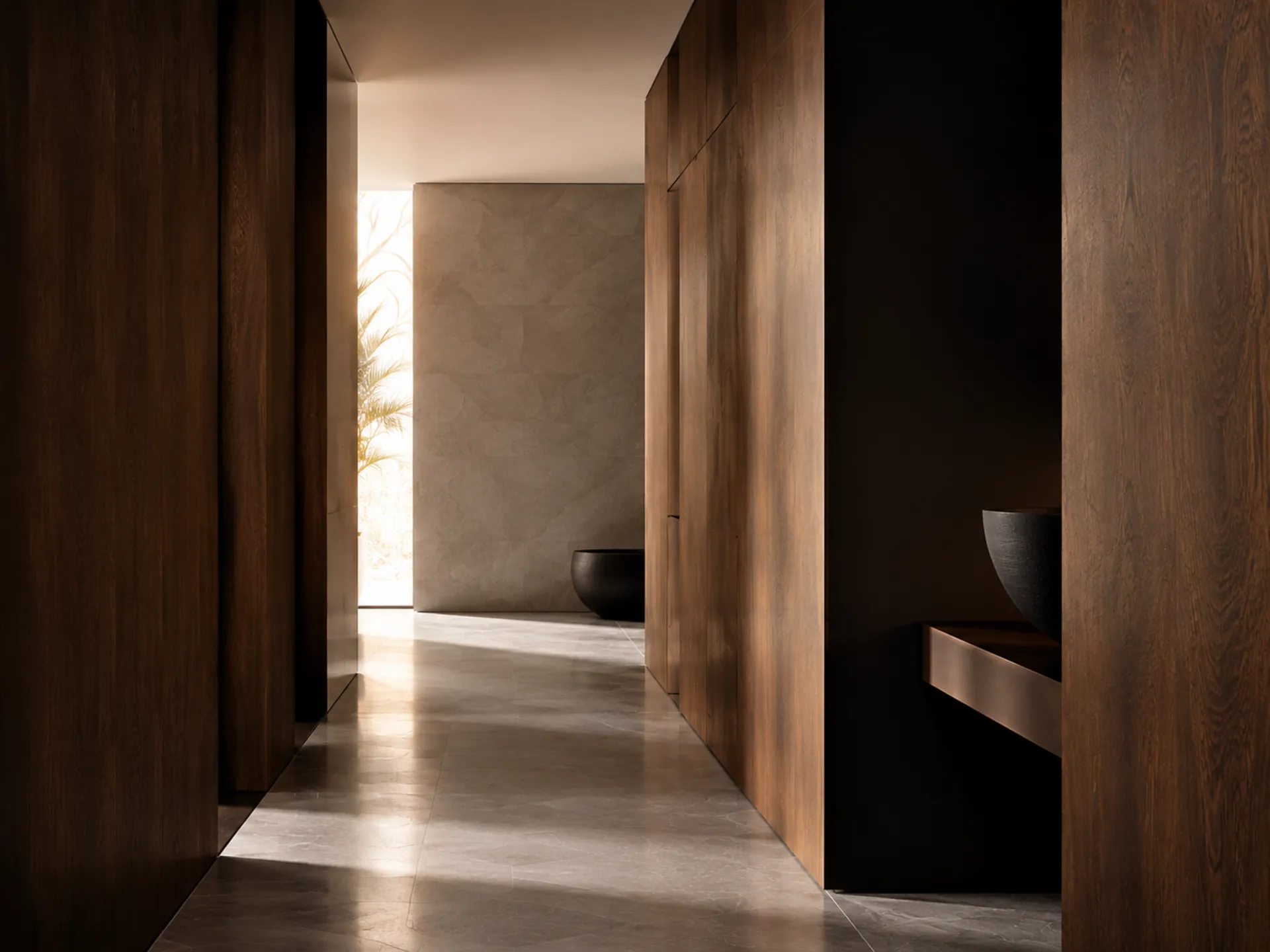 Architectural corridor with refined wood paneling and gentle ambient light